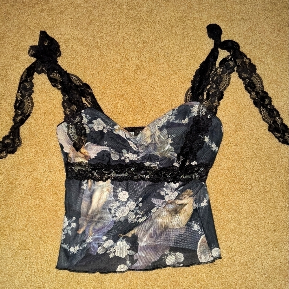 Dolls Kill afflicted Angel mesh Cami Floral Lace Trim Women's Top XS